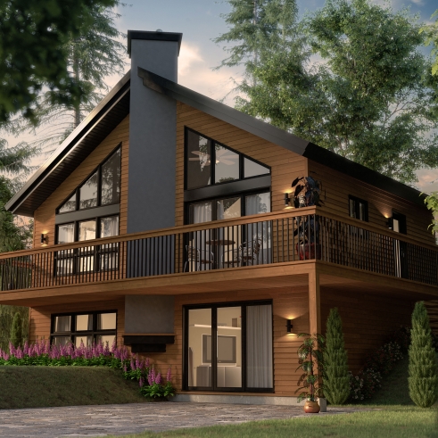 front - BASE MODEL - Ski chalet house plan with master on main level, 2 living rooms, 3 bedrooms, walkout basement, fireplaces - The  Skybridge 2
