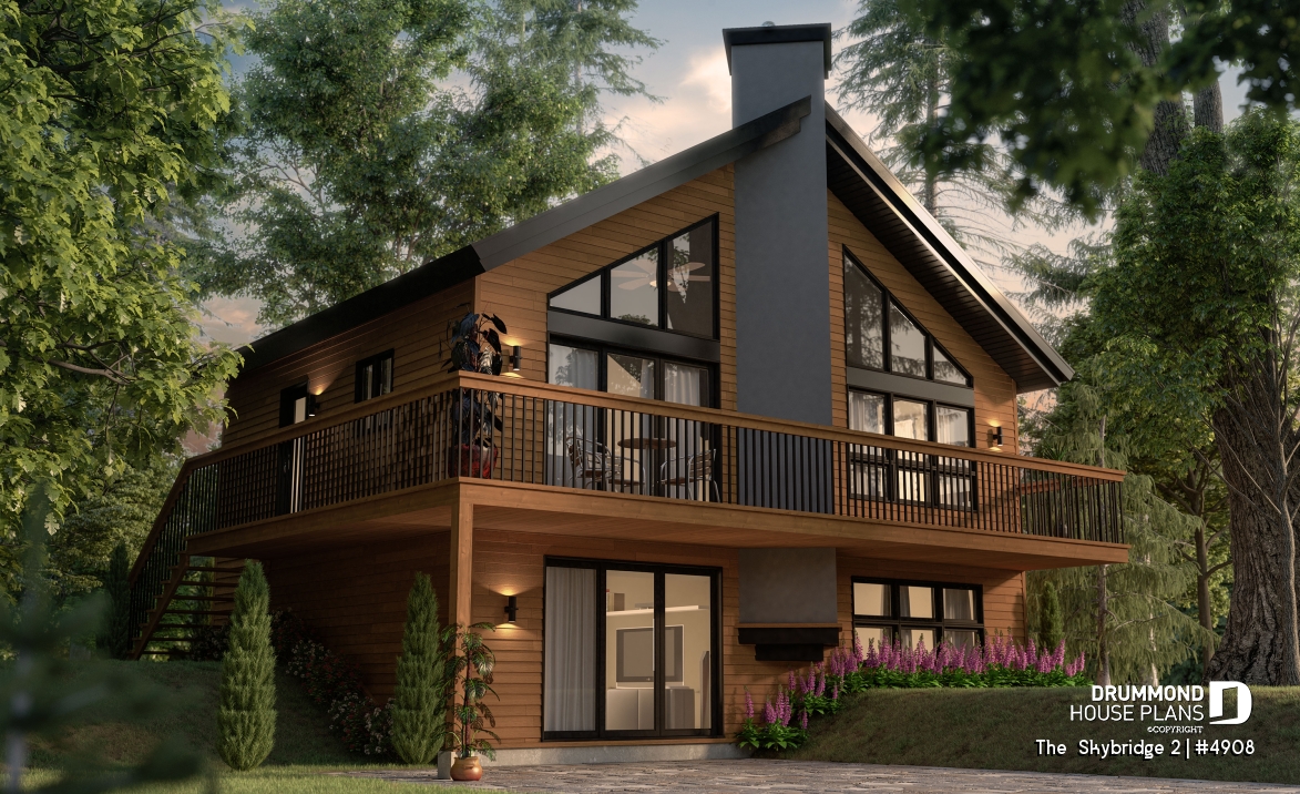 front - BASE MODEL - Ski chalet house plan with master on main level, 2 living rooms, 3 bedrooms, walkout basement, fireplaces - The  Skybridge 2