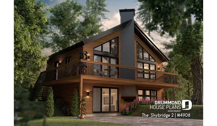 front - BASE MODEL - Ski chalet house plan with master on main level, 2 living rooms, 3 bedrooms, walkout basement, fireplaces - The  Skybridge 2