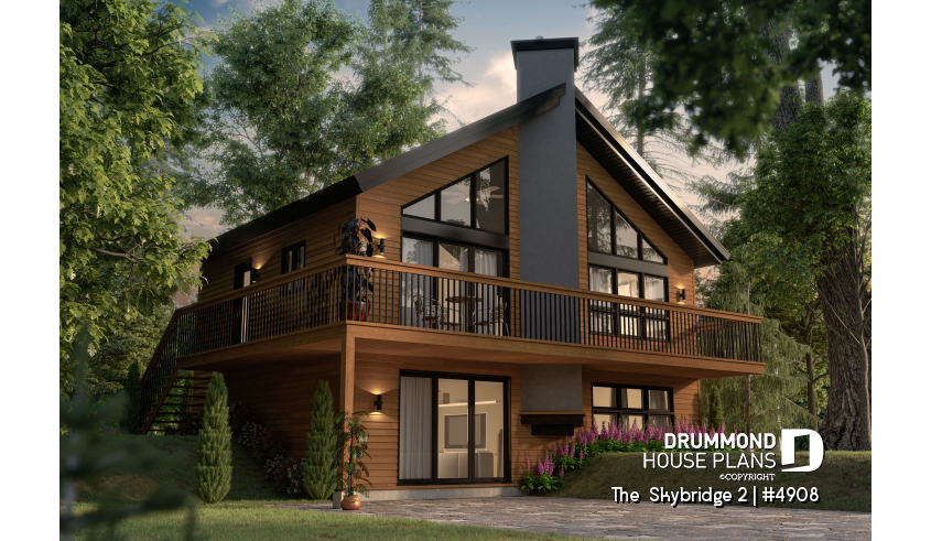 front - BASE MODEL - Ski chalet house plan with master on main level, 2 living rooms, 3 bedrooms, walkout basement, fireplaces - The  Skybridge 2