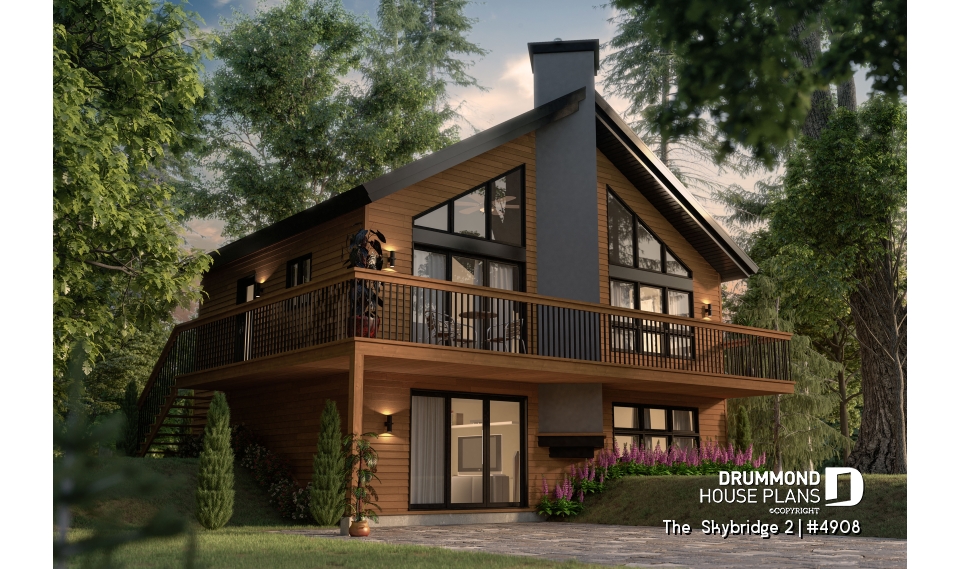 front - BASE MODEL - Ski chalet house plan with master on main level, 2 living rooms, 3 bedrooms, walkout basement, fireplaces - The  Skybridge 2