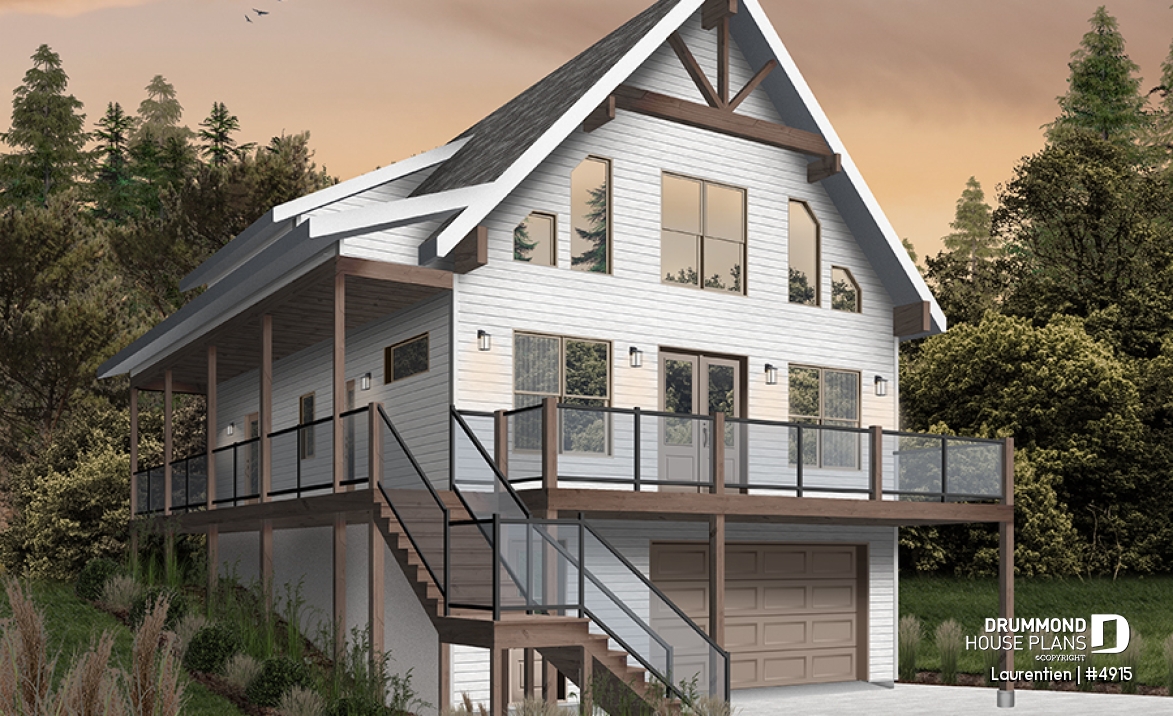 alternate - Mountain style house plan, 4 bedrooms, garage, wraparound balconies, fireplace, loft in mezzanine - Laurentien