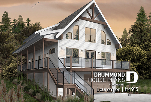 alternate - Mountain style house plan, 4 bedrooms, garage, wraparound balconies, fireplace, loft in mezzanine - Laurentien