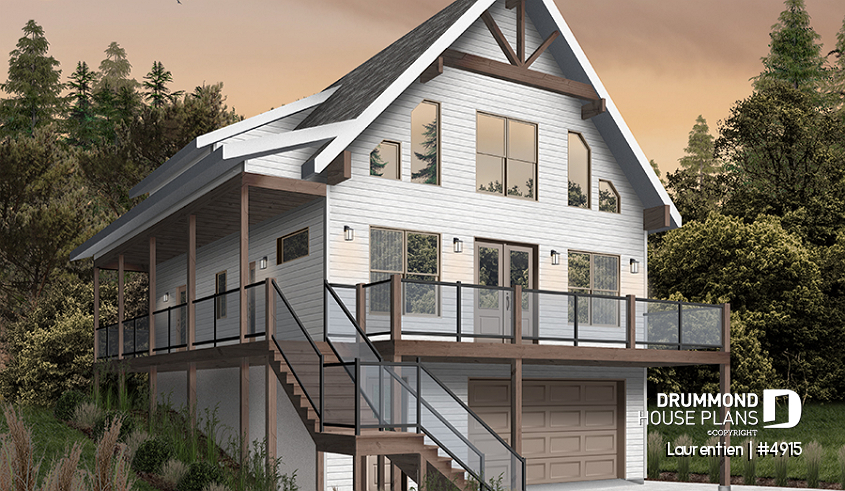 alternate - Mountain style house plan, 4 bedrooms, garage, wraparound balconies, fireplace, loft in mezzanine - Laurentien