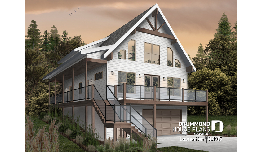 alternate - Mountain style house plan, 4 bedrooms, garage, wraparound balconies, fireplace, loft in mezzanine - Laurentien