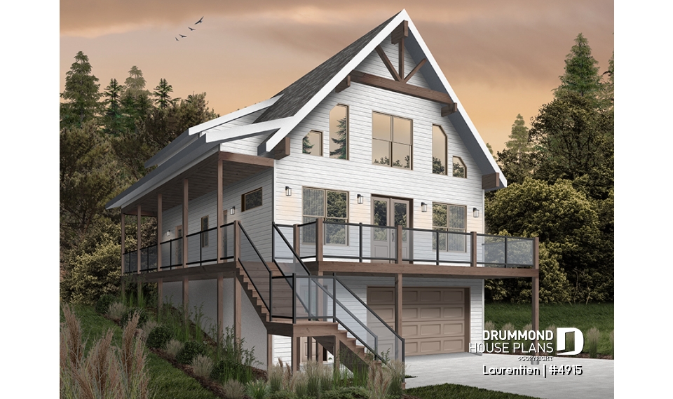 alternate - Mountain style house plan, 4 bedrooms, garage, wraparound balconies, fireplace, loft in mezzanine - Laurentien