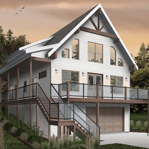 alternate - Mountain style house plan, 4 bedrooms, garage, wraparound balconies, fireplace, loft in mezzanine - Laurentien