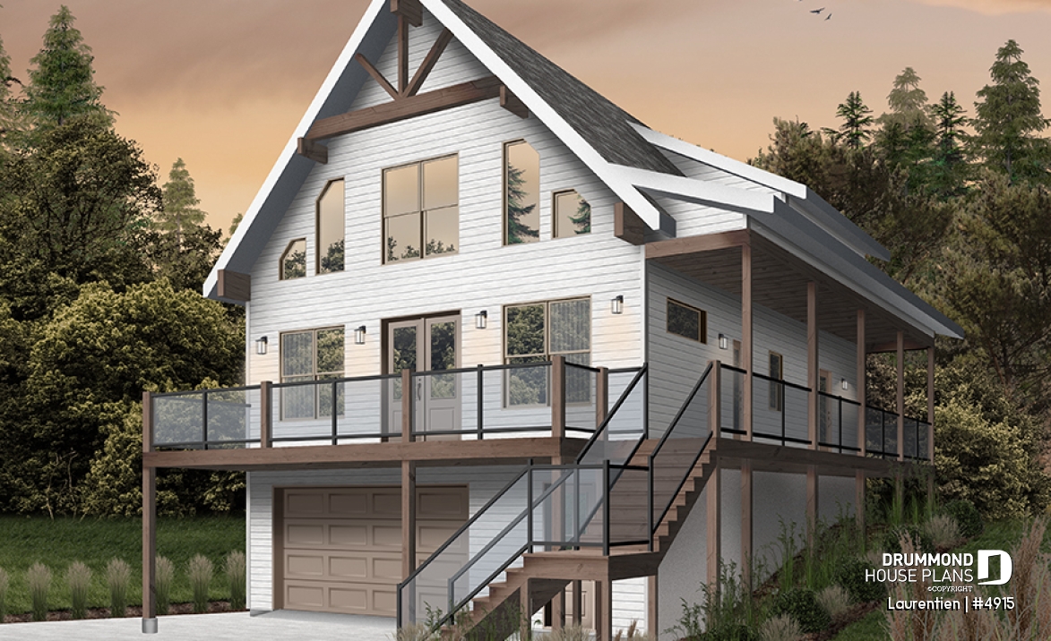 alternate - Mountain style house plan, 4 bedrooms, garage, wraparound balconies, fireplace, loft in mezzanine - Laurentien