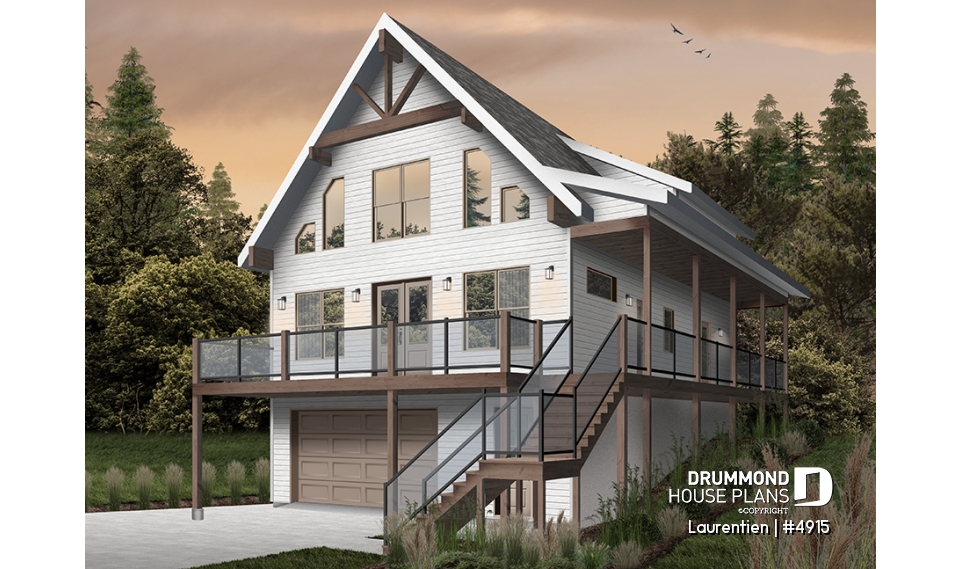 alternate - Mountain style house plan, 4 bedrooms, garage, wraparound balconies, fireplace, loft in mezzanine - Laurentien