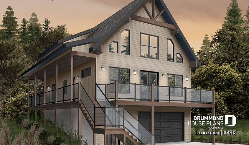 Color version 3 - Front - Mountain style house plan, 4 bedrooms, garage, wraparound balconies, fireplace, loft in mezzanine - Laurentien