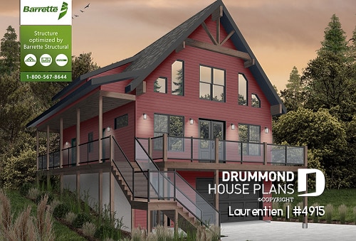 front - BASE MODEL - Mountain style house plan, 4 bedrooms, garage, wraparound balconies, fireplace, loft in mezzanine - Laurentien