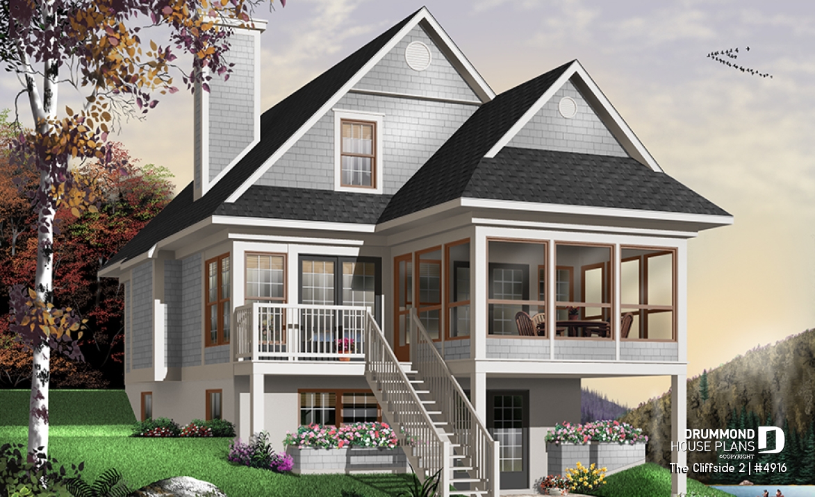 Rear view - BASE MODEL - Great ski chalet with 3 bedrooms, country style cottage design, open floor plan concept and bug free deck - The Cliffside 2
