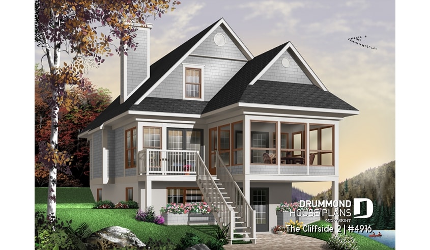 Rear view - BASE MODEL - Great ski chalet with 3 bedrooms, country style cottage design, open floor plan concept and bug free deck - The Cliffside 2