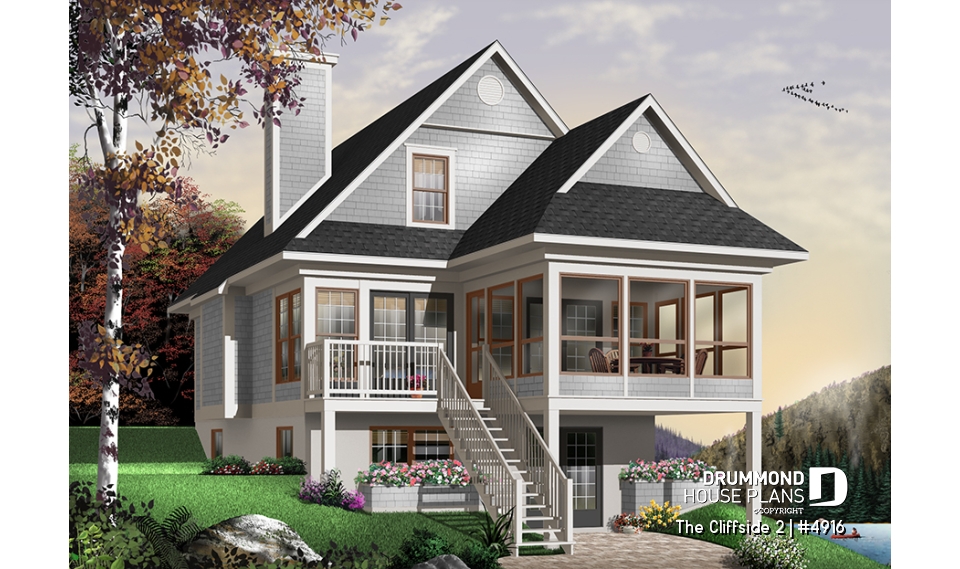 Rear view - BASE MODEL - Great ski chalet with 3 bedrooms, country style cottage design, open floor plan concept and bug free deck - The Cliffside 2