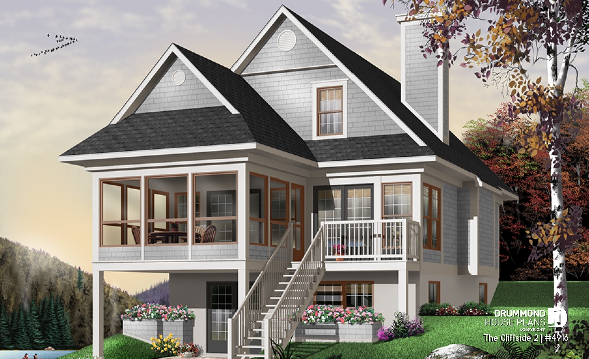 Rear view - BASE MODEL - Great ski chalet with 3 bedrooms, country style cottage design, open floor plan concept and bug free deck - The Cliffside 2