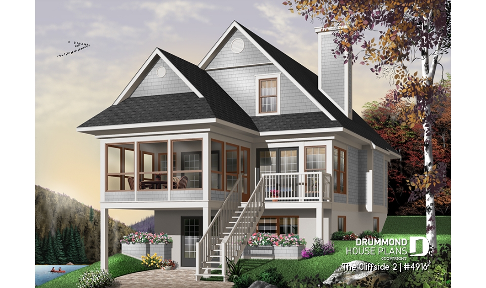 Rear view - BASE MODEL - Great ski chalet with 3 bedrooms, country style cottage design, open floor plan concept and bug free deck - The Cliffside 2