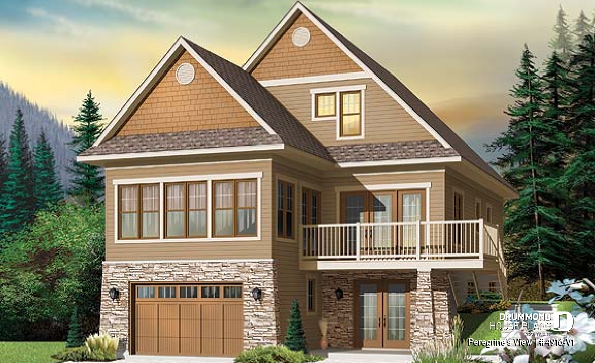 front - BASE MODEL - Lakefront or mountain 4 bedroom home plan, 2 master suites, open floor plan, home office, bonus space, 3 baths - Peregrine's View