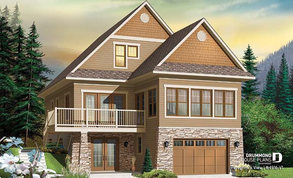 front - BASE MODEL - Lakefront or mountain 4 bedroom home plan, 2 master suites, open floor plan, home office, bonus space, 3 baths - Peregrine's View