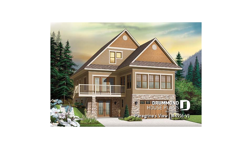 front - BASE MODEL - Lakefront or mountain 4 bedroom home plan, 2 master suites, open floor plan, home office, bonus space, 3 baths - Peregrine's View