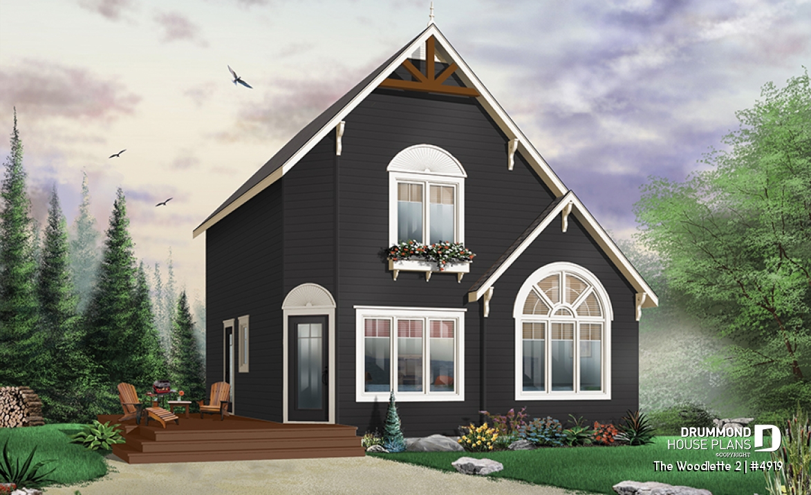 Color version 6 - Front - 2 to 3 bedroom affordable home plan, transitional home design, with mezzanine and open floor plan - The Woodlette 2