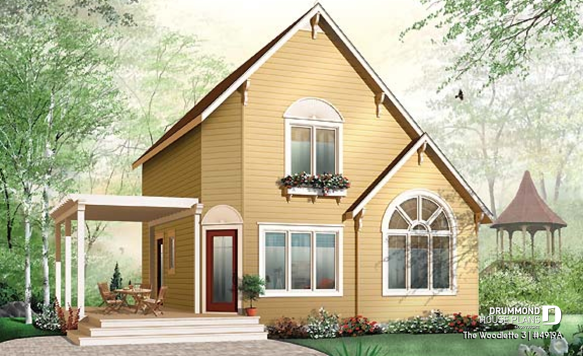 front - BASE MODEL - Small and affordable 2 to 3 bedroom home plan with large covered terrace and great open floor plan concept - The Woodlette 3