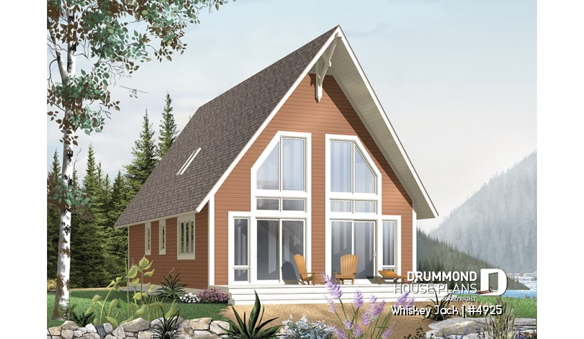 front - BASE MODEL - Traditional A-Frame Rustic cottage house plan, 2 bedrooms + loft, mezzanine and cathedral ceiling  - Whiskey Jack