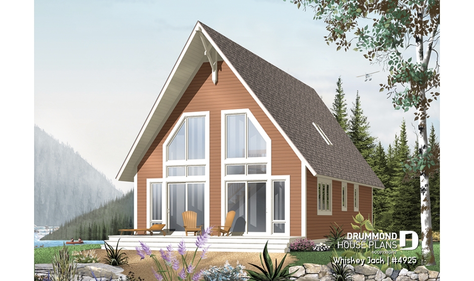 front - BASE MODEL - Traditional A-Frame Rustic cottage house plan, 2 bedrooms + loft, mezzanine and cathedral ceiling  - Whiskey Jack