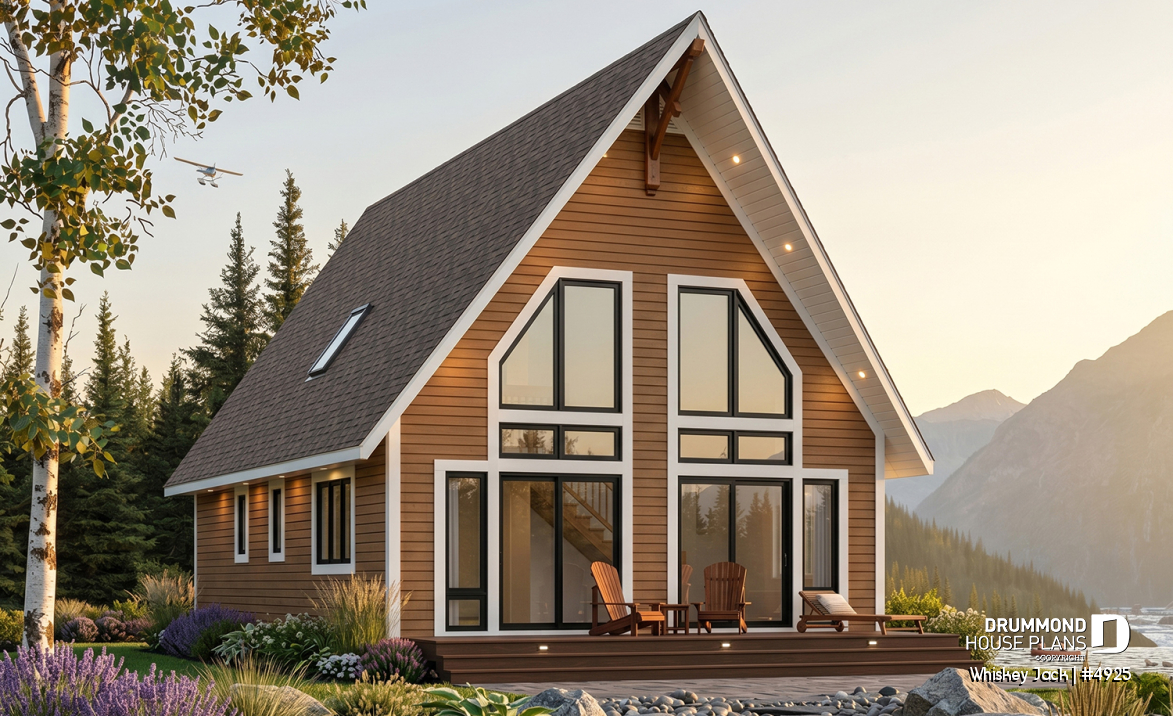 Rear view - BASE MODEL - Traditional A-Frame Rustic cottage house plan, 2 bedrooms + loft, mezzanine and cathedral ceiling  - Whiskey Jack