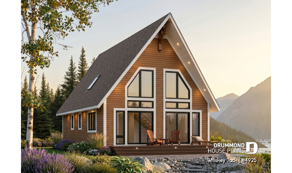 Rear view - BASE MODEL - Traditional A-Frame Rustic cottage house plan, 2 bedrooms + loft, mezzanine and cathedral ceiling  - Whiskey Jack