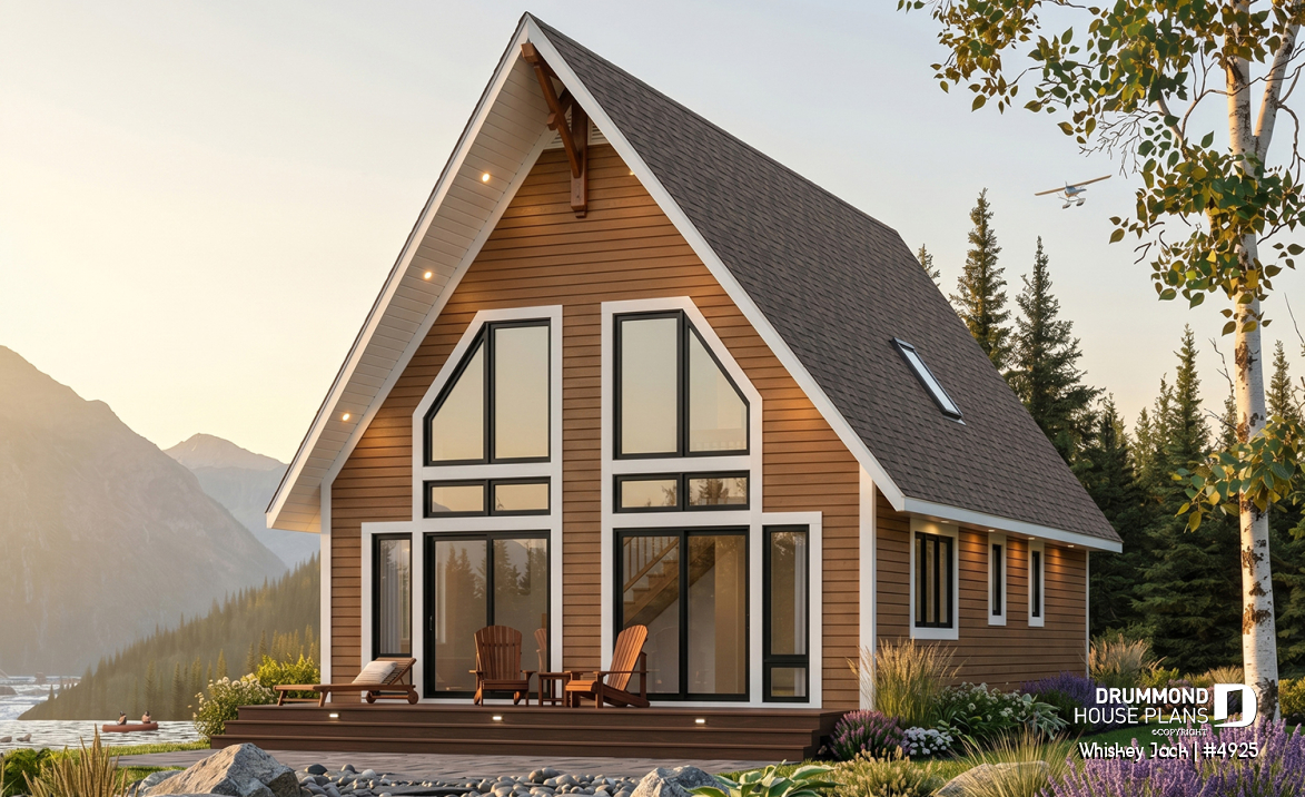 Rear view - BASE MODEL - Traditional A-Frame Rustic cottage house plan, 2 bedrooms + loft, mezzanine and cathedral ceiling  - Whiskey Jack