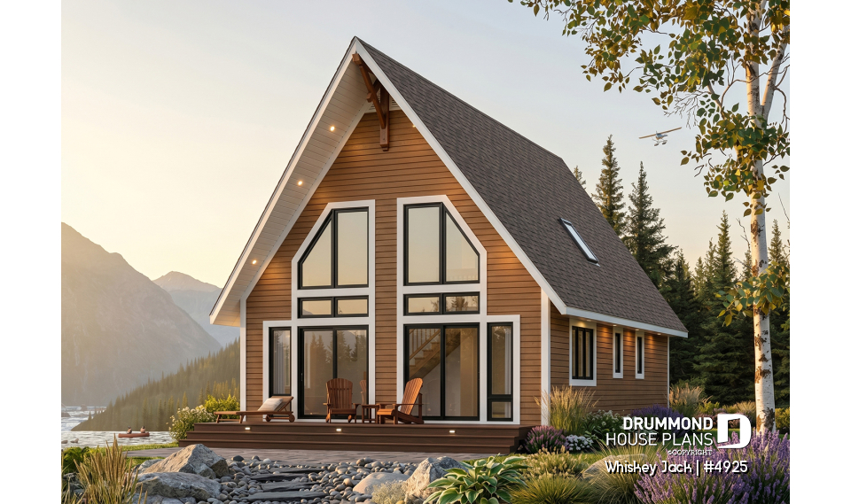 Rear view - BASE MODEL - Traditional A-Frame Rustic cottage house plan, 2 bedrooms + loft, mezzanine and cathedral ceiling  - Whiskey Jack