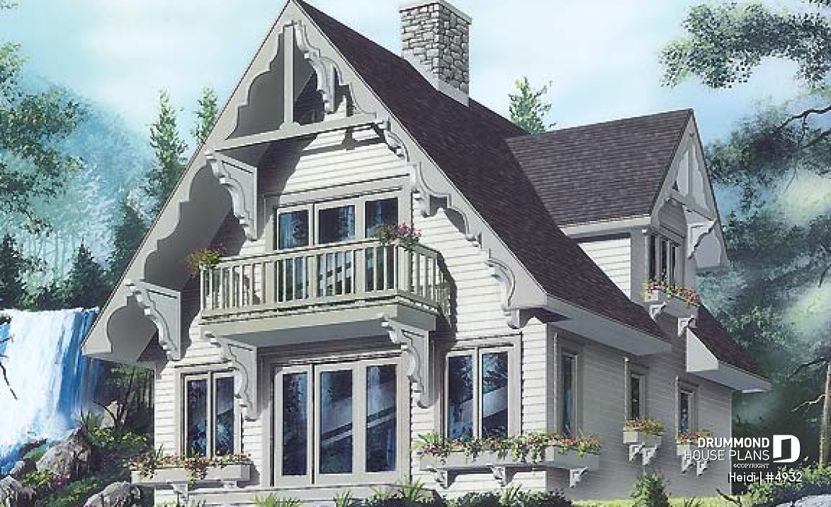 front - BASE MODEL - Swiss chalet or mountain style cottage plan, 3 bedrooms, 2 bathroo, open floor layout with large fireplace - Heidi