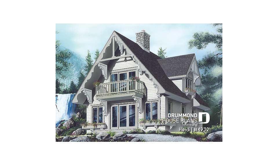 front - BASE MODEL - Swiss chalet or mountain style cottage plan, 3 bedrooms, 2 bathroo, open floor layout with large fireplace - Heidi