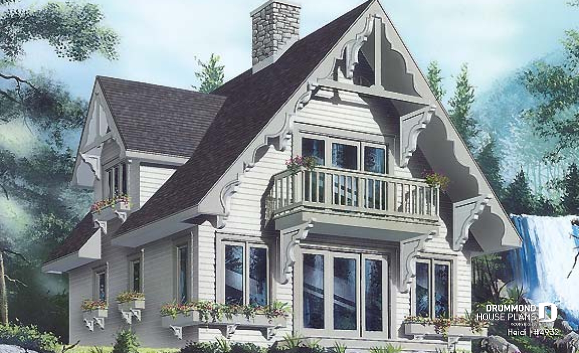 front - BASE MODEL - Swiss chalet or mountain style cottage plan, 3 bedrooms, 2 bathroo, open floor layout with large fireplace - Heidi