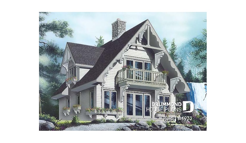 front - BASE MODEL - Swiss chalet or mountain style cottage plan, 3 bedrooms, 2 bathroo, open floor layout with large fireplace - Heidi