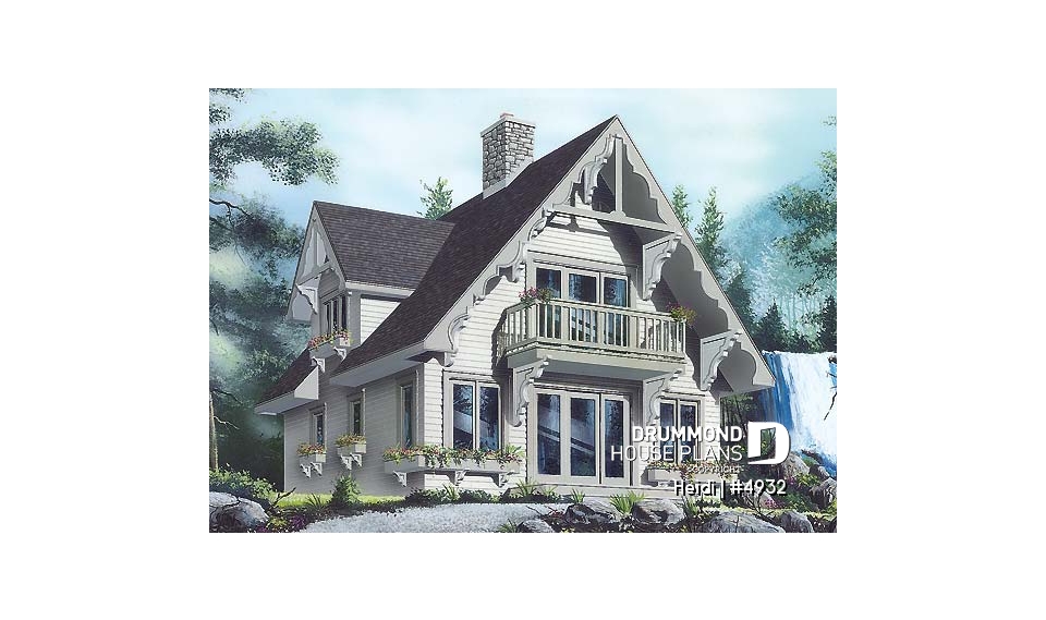 front - BASE MODEL - Swiss chalet or mountain style cottage plan, 3 bedrooms, 2 bathroo, open floor layout with large fireplace - Heidi