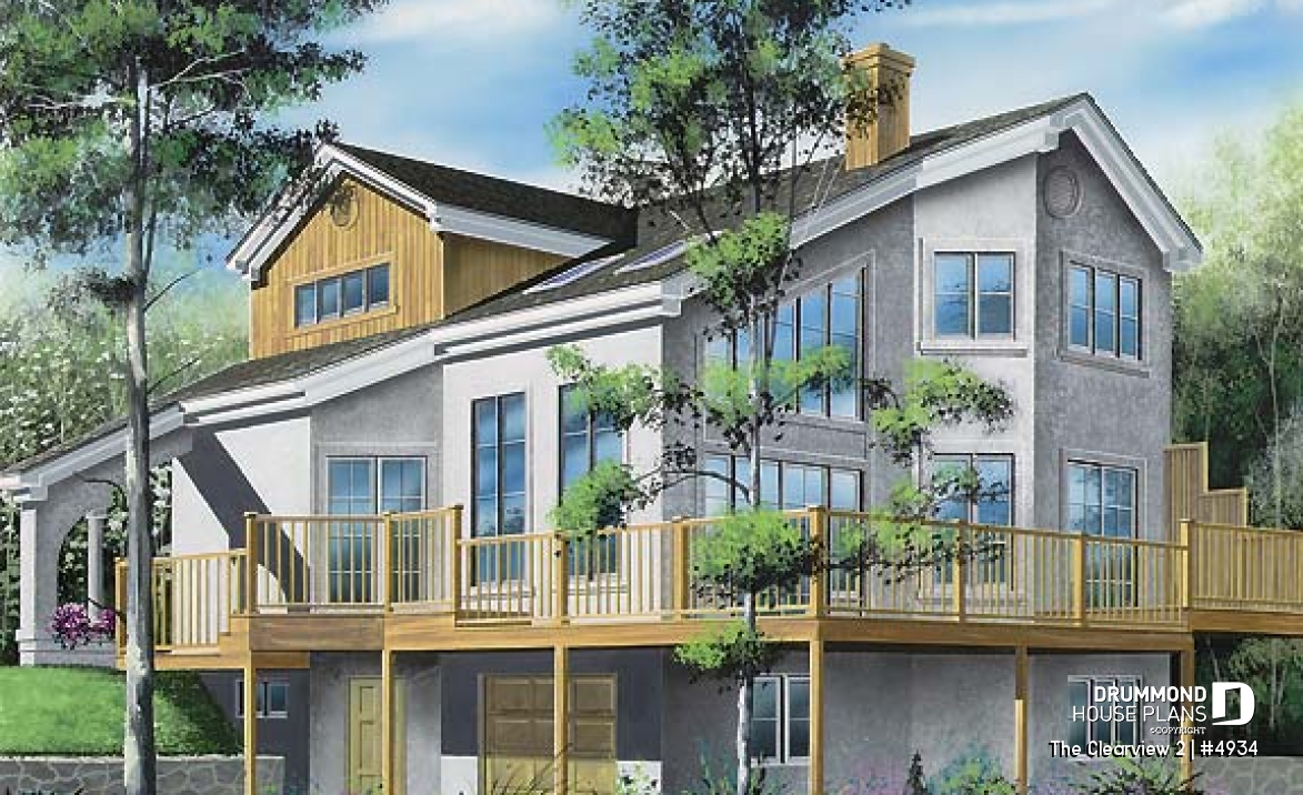Rear view - BASE MODEL - A-France style lakefront vacation house plan, 3 bedrooms, 2 family rooms, mezzanine, garage - The Clearview 2