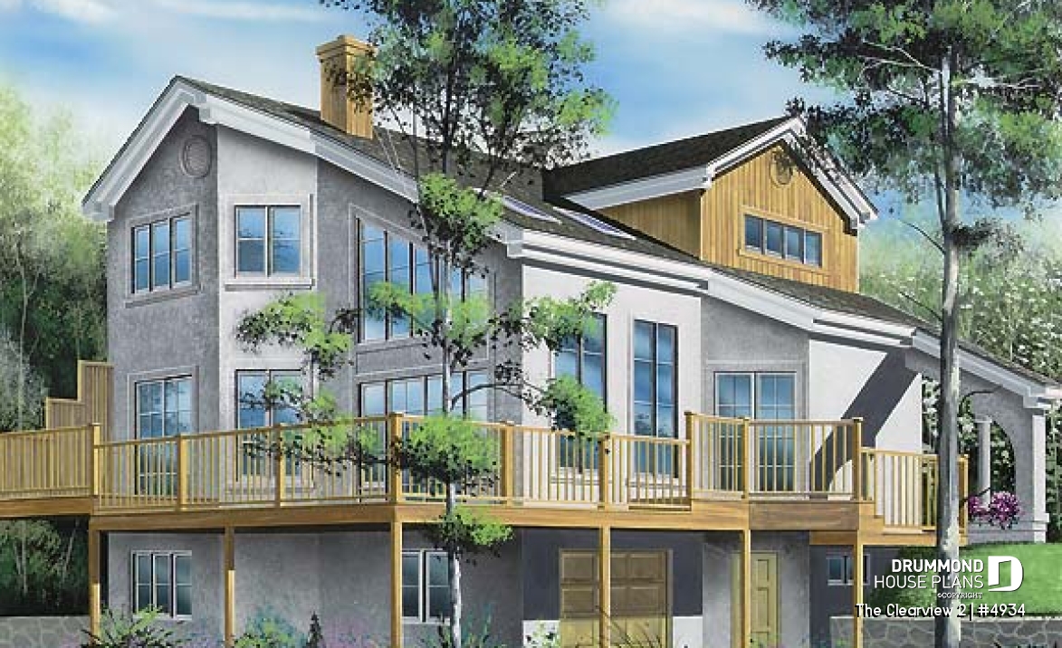 Rear view - BASE MODEL - A-France style lakefront vacation house plan, 3 bedrooms, 2 family rooms, mezzanine, garage - The Clearview 2