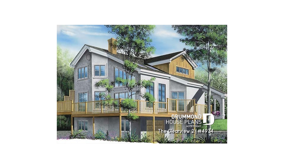 Rear view - BASE MODEL - A-France style lakefront vacation house plan, 3 bedrooms, 2 family rooms, mezzanine, garage - The Clearview 2