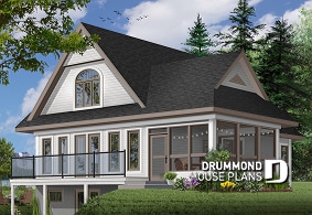 Color version 1 - Rear - A-Frame 2 bedroom Cottage home plan with screened-in terrace and large fireplace - The Woodlyne 2