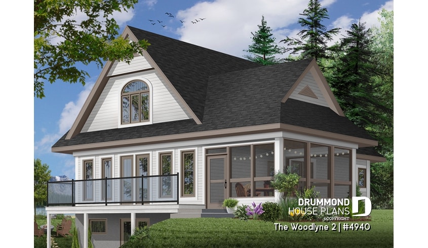 Color version 1 - Rear - A-Frame 2 bedroom Cottage home plan with screened-in terrace and large fireplace - The Woodlyne 2