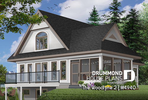 Rear view - BASE MODEL - A-Frame 2 bedroom Cottage home plan with screened-in terrace and large fireplace - The Woodlyne 2