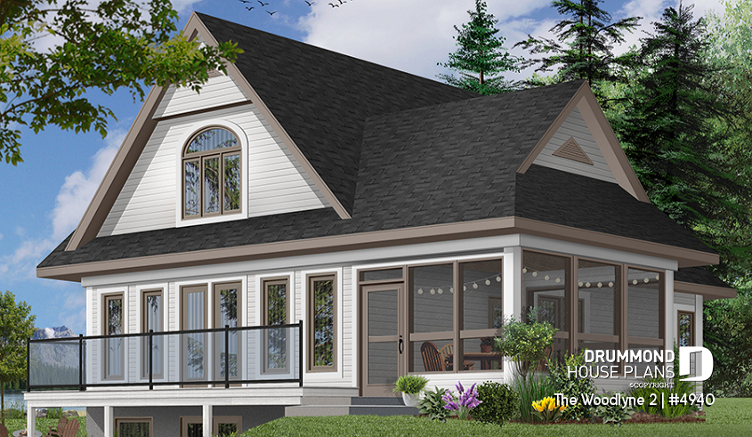Rear view - BASE MODEL - A-Frame 2 bedroom Cottage home plan with screened-in terrace and large fireplace - The Woodlyne 2