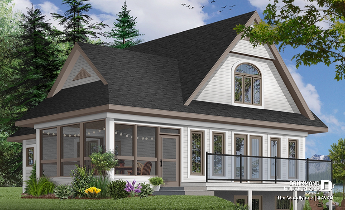 Rear view - BASE MODEL - A-Frame 2 bedroom Cottage home plan with screened-in terrace and large fireplace - The Woodlyne 2