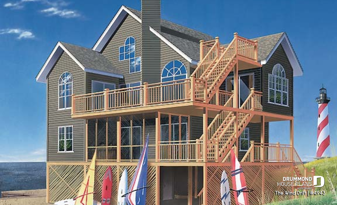 front - BASE MODEL - Cape Hatteras style house plan with 5 bedrooms, 3.5 baths, reverse floor plans, 2 terraces, fireplace - The Wind Drift