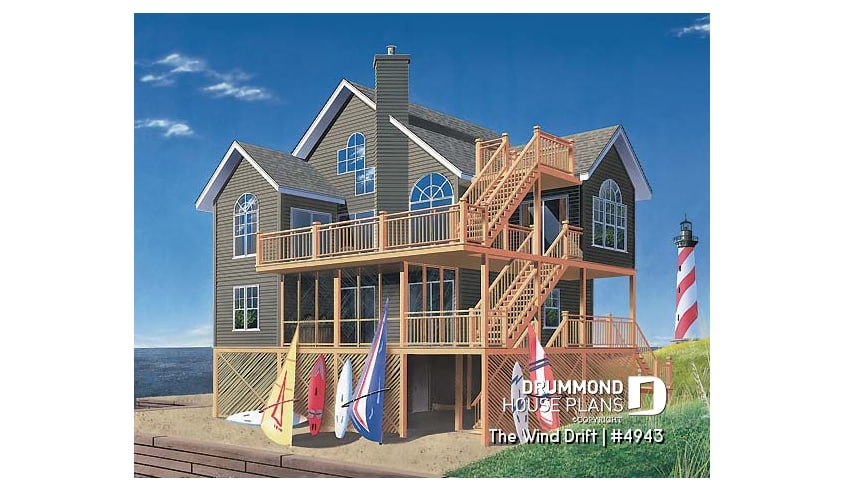 front - BASE MODEL - Cape Hatteras style house plan with 5 bedrooms, 3.5 baths, reverse floor plans, 2 terraces, fireplace - The Wind Drift