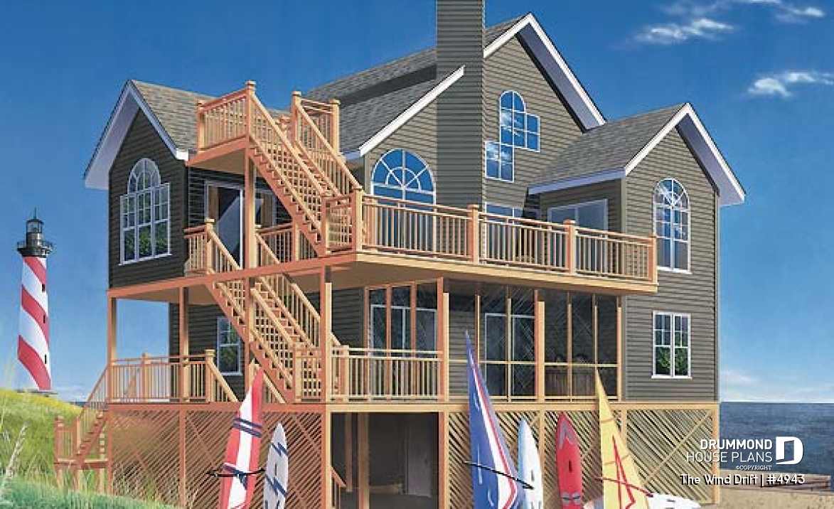 front - BASE MODEL - Cape Hatteras style house plan with 5 bedrooms, 3.5 baths, reverse floor plans, 2 terraces, fireplace - The Wind Drift