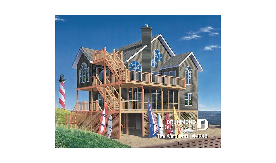 front - BASE MODEL - Cape Hatteras style house plan with 5 bedrooms, 3.5 baths, reverse floor plans, 2 terraces, fireplace - The Wind Drift