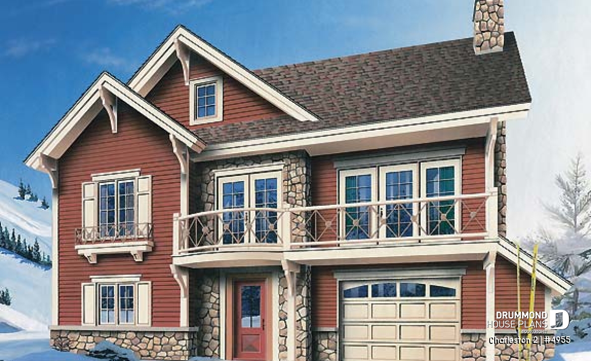 front - BASE MODEL - Ski chalet plan, reverse floor plans, master and living areas on second floor, large fireplace - Charleston 2