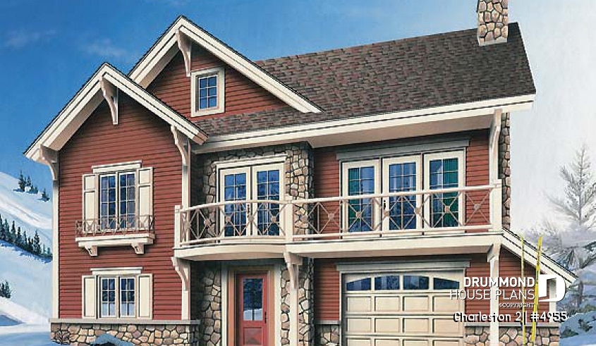 front - BASE MODEL - Ski chalet plan, reverse floor plans, master and living areas on second floor, large fireplace - Charleston 2